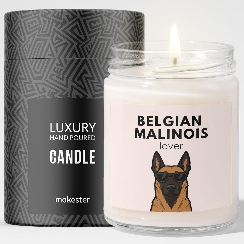 Belgian Malinois Gifts - Luxury Soy Wax Candle - Vanilla, Jasmine, Sugared Almond - Dogs in Shades - Makester