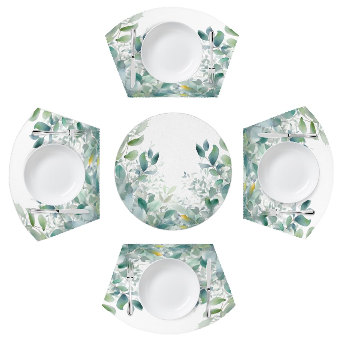 Mexpekil Watercolor Eucalyptus Leaves Placemats Set of 4 for Round Table Wedge Place Mats with Centerpiece Heat Resistant Washable Plate Mats for Kitchen (5 Pcs)