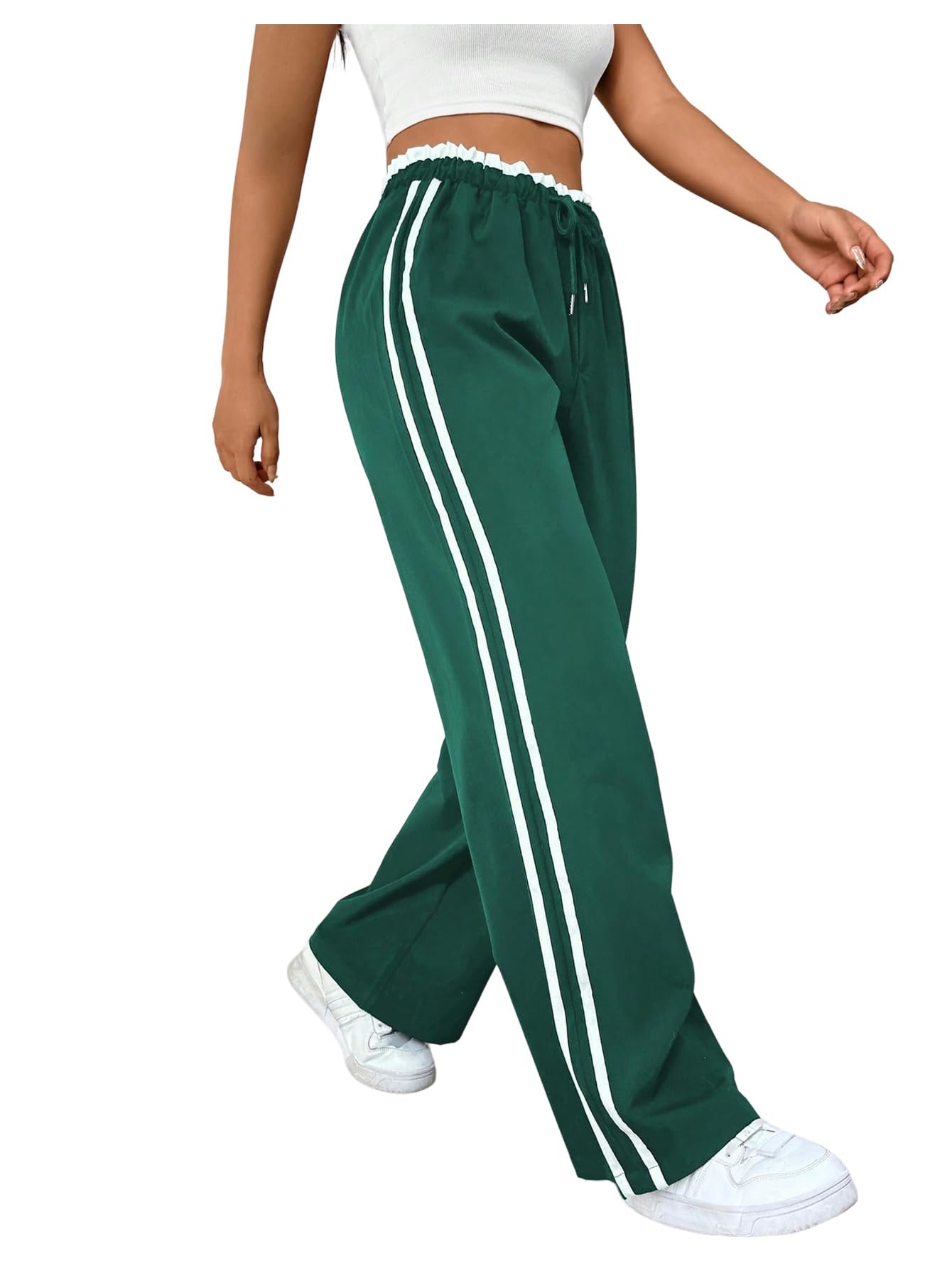 Verdusa Womens Baggy Straight Leg Pants Striped Athletic Pants Drawstring Waist Street Loose Trousers