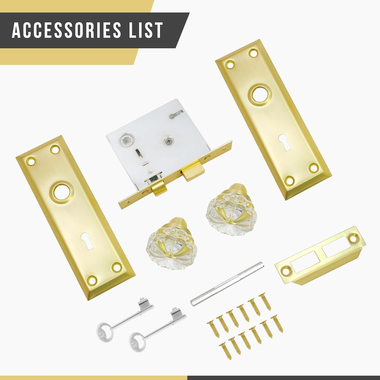 mortise lock set for interior door - vintage crystal glass door knobs with skeleton key & polished gold/brass finish 1 pack polished gold