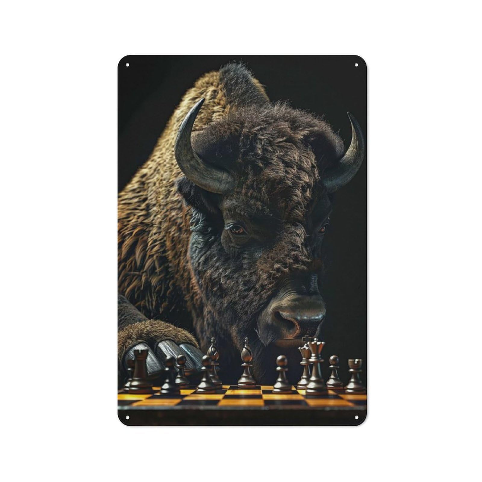 Junmoney Style Bison Chess Rustic Tin Sign 30X20cm For Garden Room Or Summerhouse, For An Autumn Wall Display In Garden Room And Summerhouse