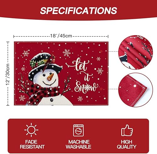 Miniatura 5 de Ohok Juego de 4 manteles individuales de Navidad de 12 x 18 pulgadas, decoración navideña para decoración de fiestas y comedor (muñeco de nieve de