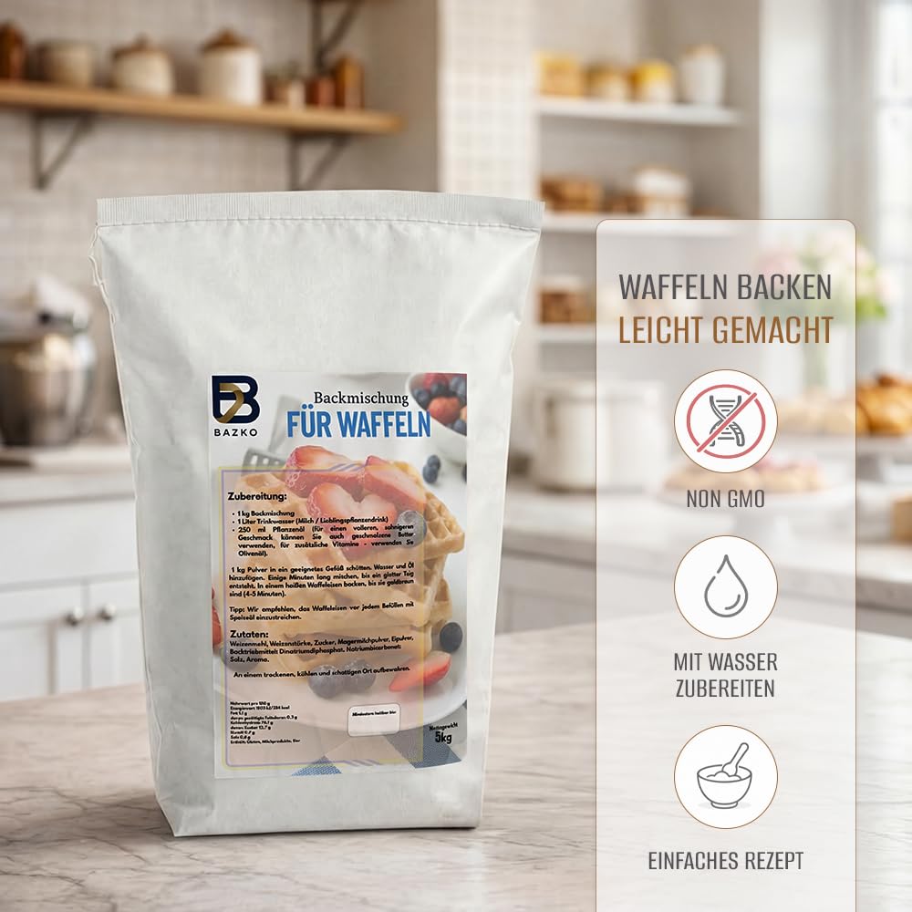Bazko 5 kg Backmischung für Waffeln, Bubble-Waffeln, Pfannkuchen, Pancakes | Waffelteig Großpackung | Perfekt für Gastronomie und Hobbybäcker | für ca. 125 Stück