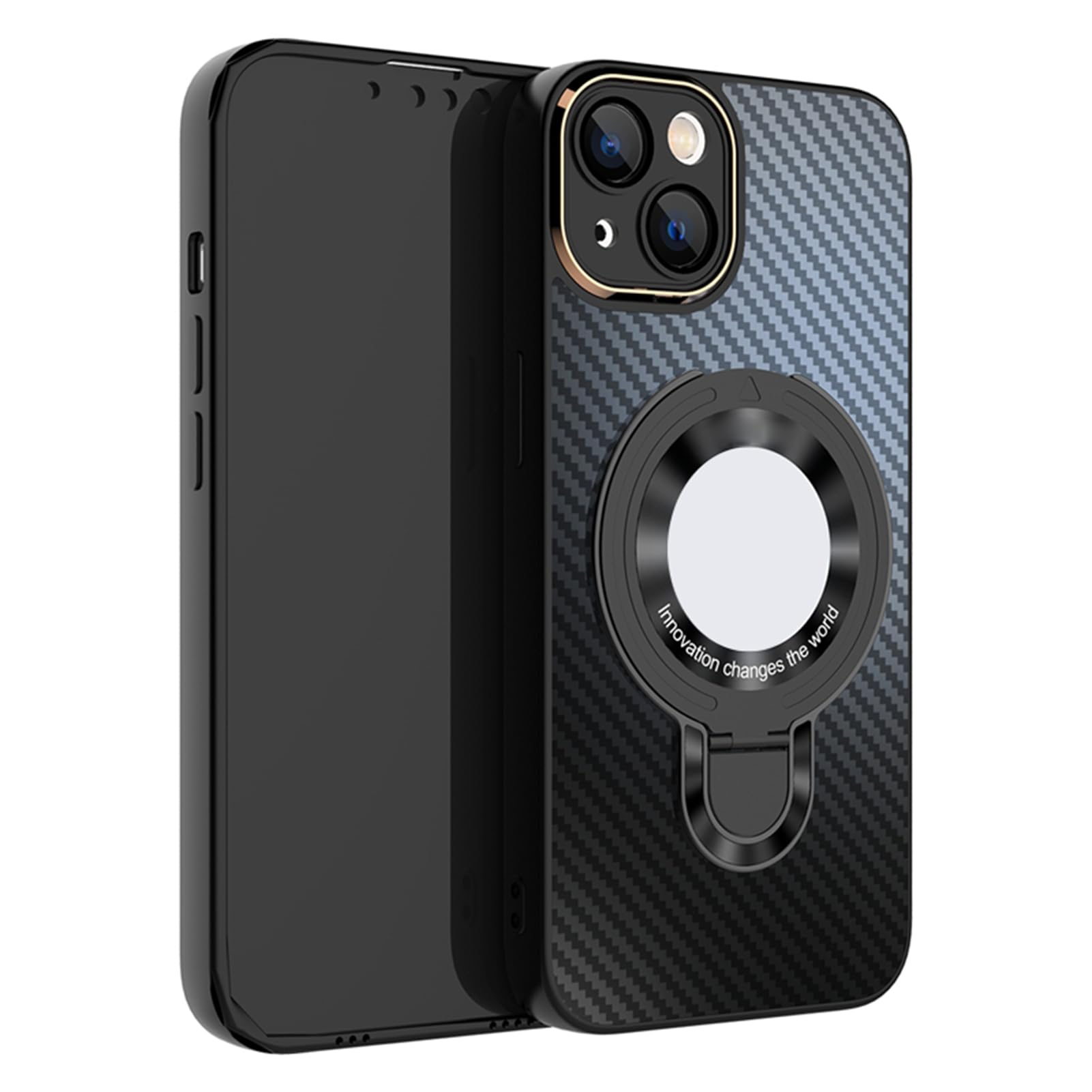Etui magnetyczne do iPhone'a 15Pro Max/15 Pro/15 Plus/15, z podstawką pierścieniową Ochronna obudowa telefonu z teksturą włókna węglowego Widok logo, czarna, 15