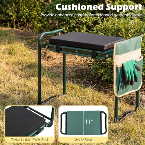 Image of 2-in-1 Garden Kneeler and Seat, Folding Garden Seat w /EVA Foam Kneeling Pad & Removable Tools Pouch, Sturdy Steel Frame, No Assembly, Portable Heavy Duty Garden Stool for Women Men Seniors