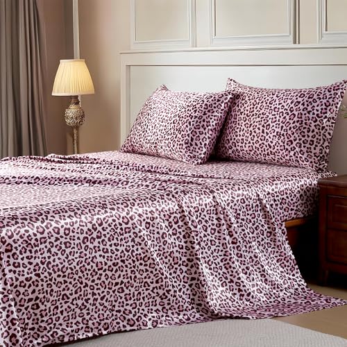 Image of MR&HM Satin Bed Sheets with Elastic Corner Straps, King Size Sheets Set, 4 Pcs Silky Bedding Set with 15 Inches Deep Pocket for Mattress (King, Pink Leopard)