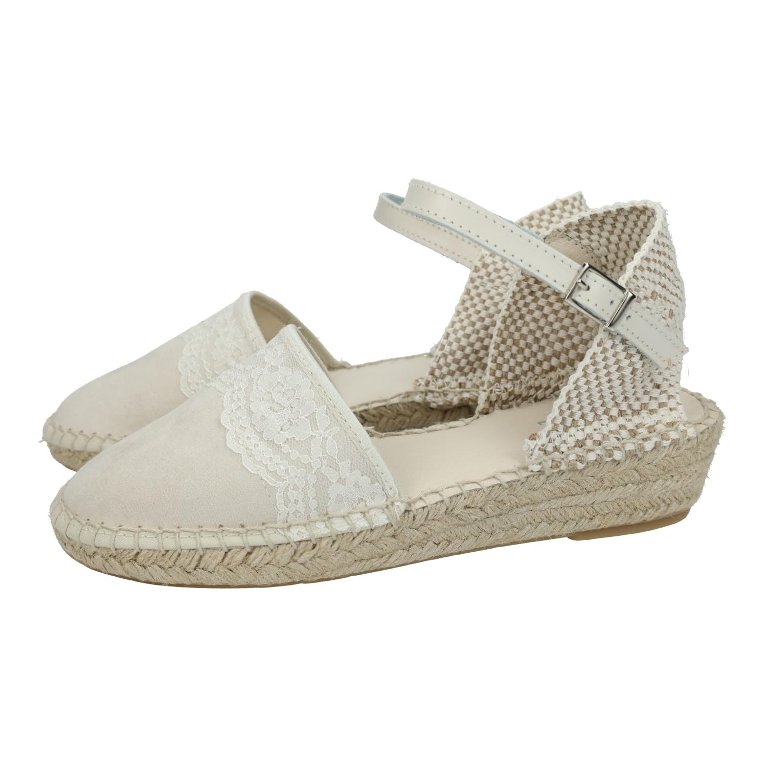 233 Esparteñas de Piel en Color Beige para niñas, esparteñas de comunión Hechas en España, con Encajes al Frente NIÑA Zapato COMUNIÓN