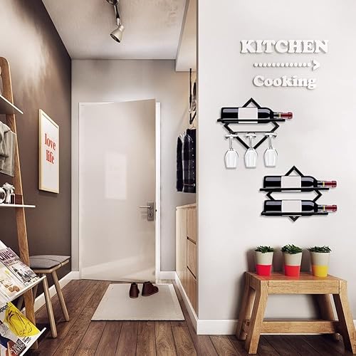 Miniatura 6 de 1 juego de encimera de madera para vino + 2 estilos de metal montado en la pared para almacenamiento de vino soporte de vidrio decorativo