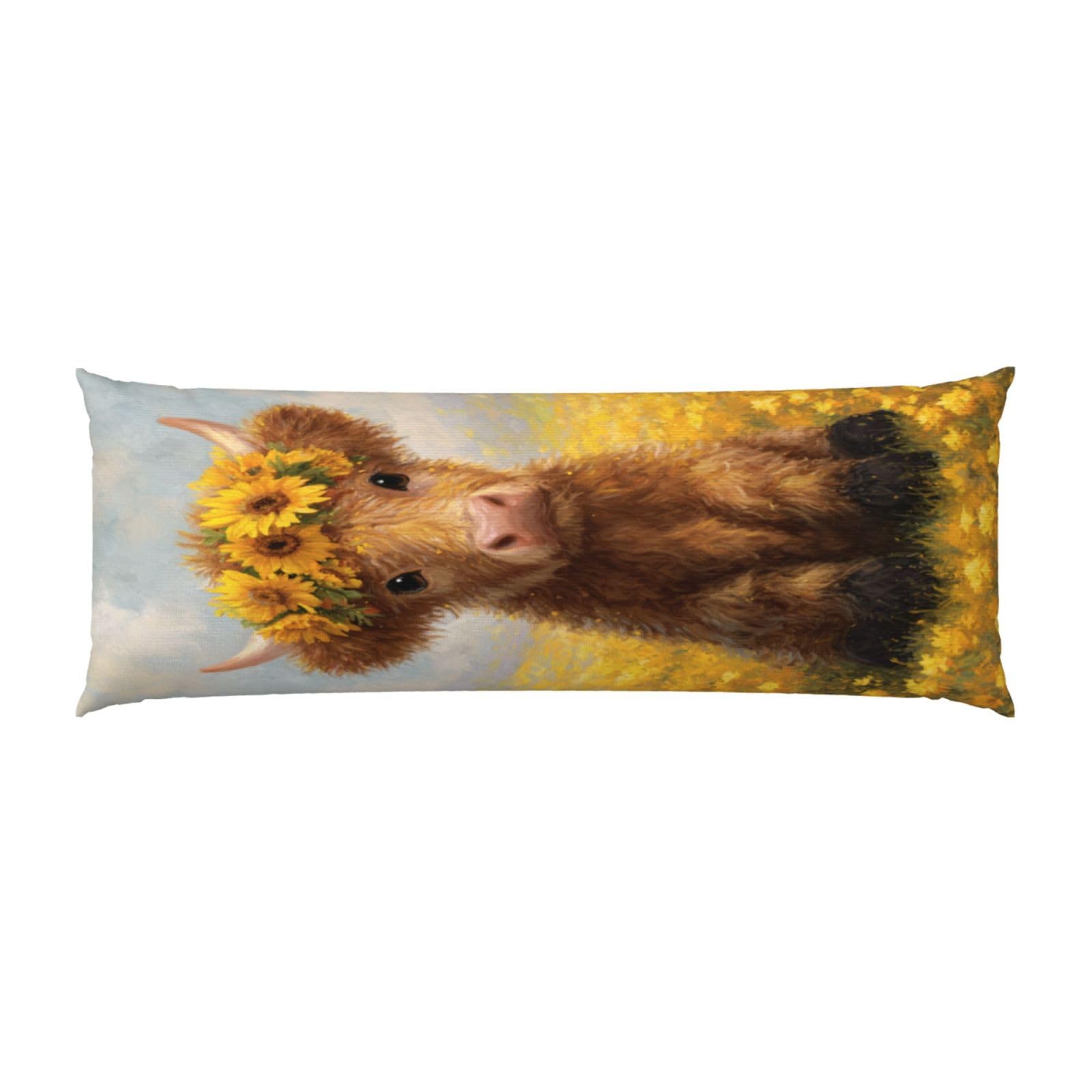 Highland Cow Sunflower Wreath Yellow Flowers Body Pillow Cover With Zipper Closure, Cozy Fuzzy Long Fleece Pillowcase Cover 20 X 54 Inches