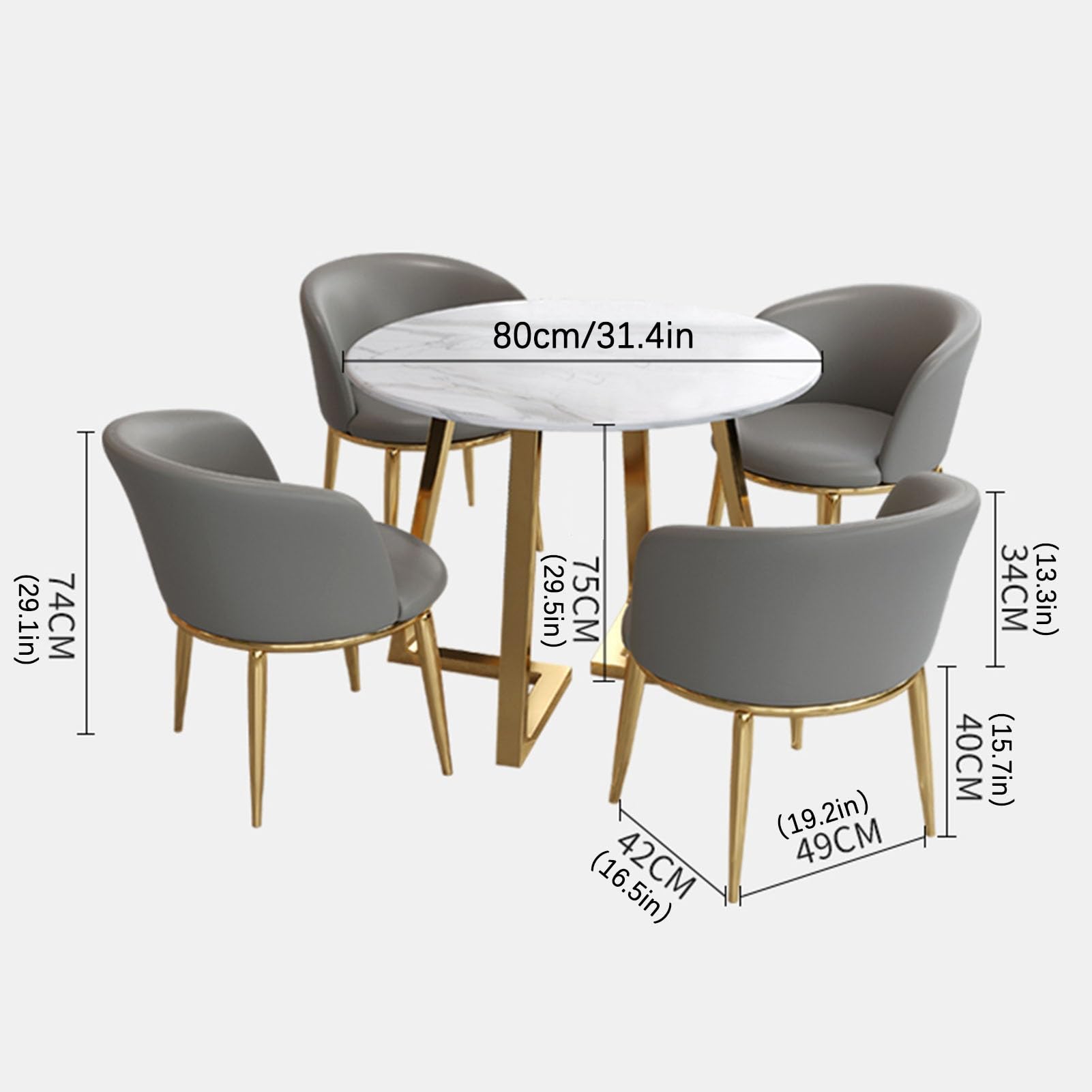 Juego de Comedor Redondo de 5 Piezas para Oficina o Sala de recepción, con Mesa de Comedor de 80 cm y 4 sillones de Cuero Azul.