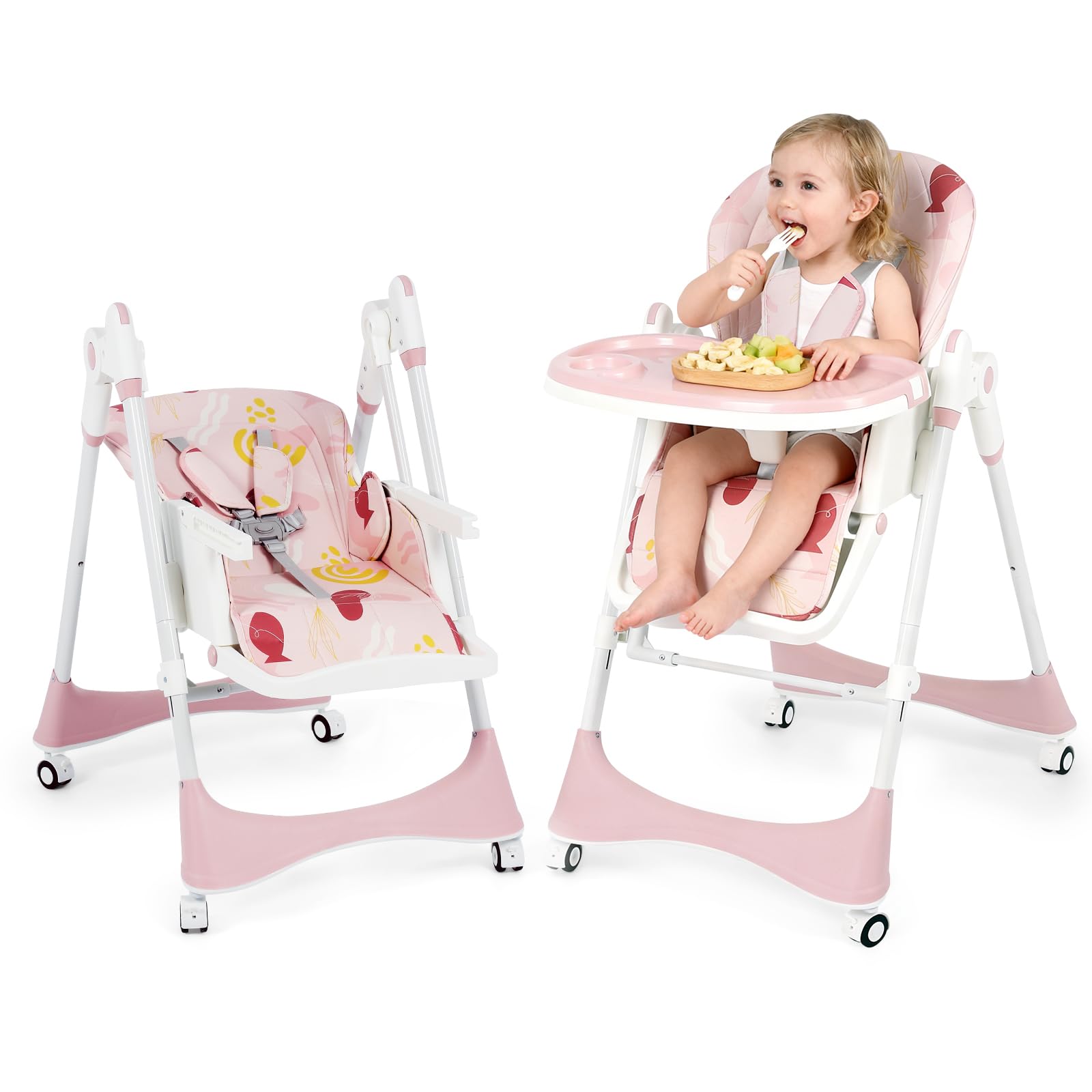 3-in-1 Baby High Chair with Soothing Rocker | Convertible Baby High Chair for Babies and Toddlers | Brake Wheels, Easy Clean, Space Saving | Adjustable, Removable Tray (Floral Dust Pink)