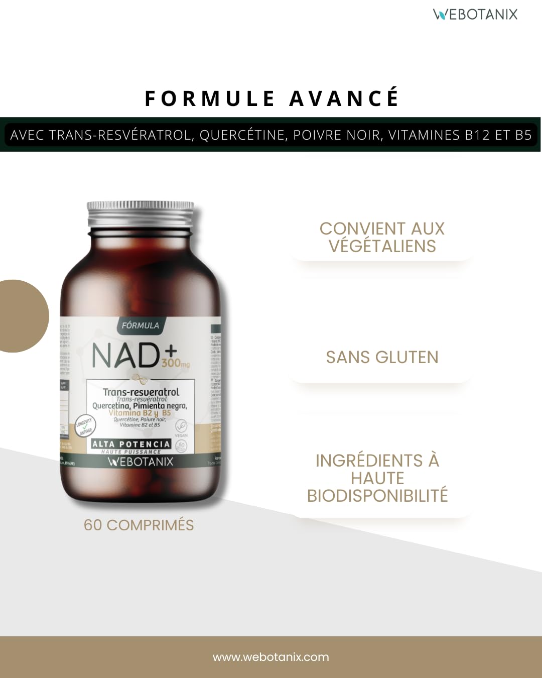 WeBotanix | Formule NAD+ avec Trans-Resvératrol et Quercétine | 60 Gélules | Avec Vitamines B2 et B5 + Pipérine | Énergie Cellulaire, Réparation et Longévité | Sans Gluten | Végan