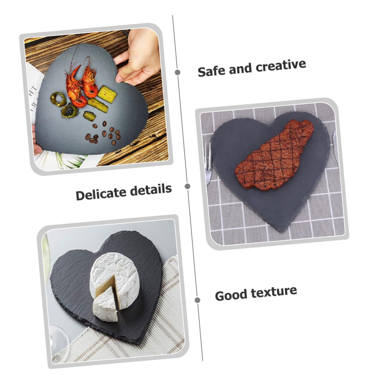 SECFOU Plato de Pizarra en Forma de Corazón Negro 4 Pulgadas, 3 Piezas | Piedra Natural, Estilo Europeo Rústico, para Hotel y Restaurante Occidental