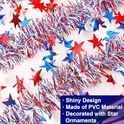 Image of 50FT 4th of July Patriotic Tinsel Garland Decorations, Red White and Blue Tinsel with Star Metallic Glitter Hanging Garland for Memorial Day 4th of July Independence Day Indoor Outdoor Decor