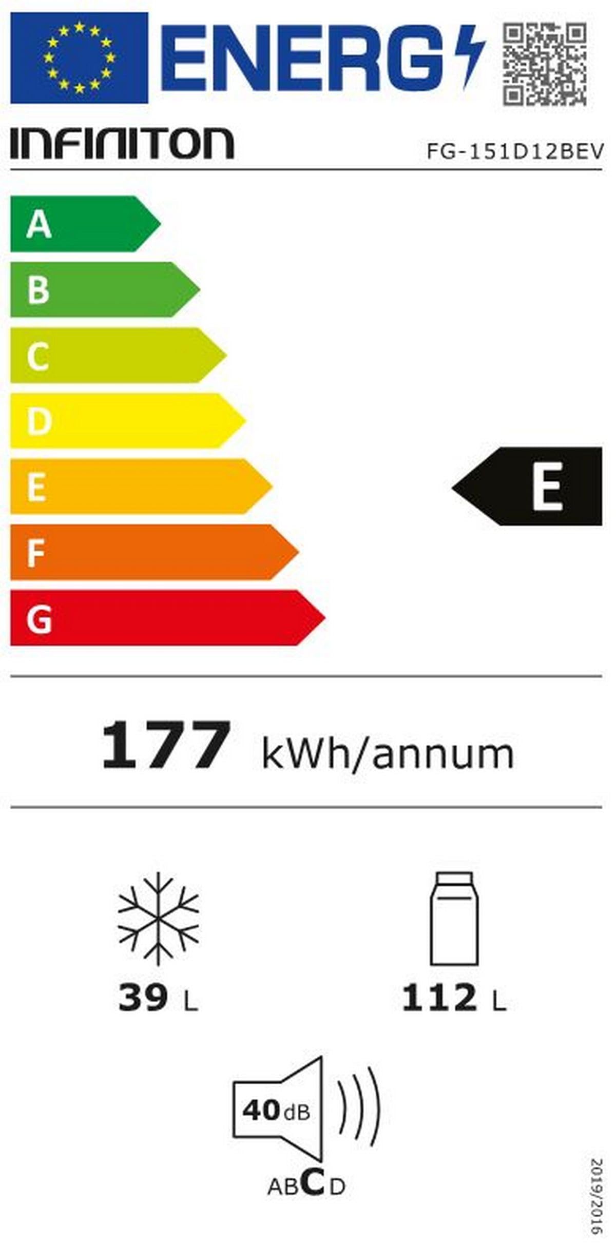 Frigorifico Dos Puertas Infiniton FG-151D12BEV, 151 Litros, 122 cm de Altura, Ancho de 50 cm, Ciclico, LED Interior, Regulación en altura, E, Blanco