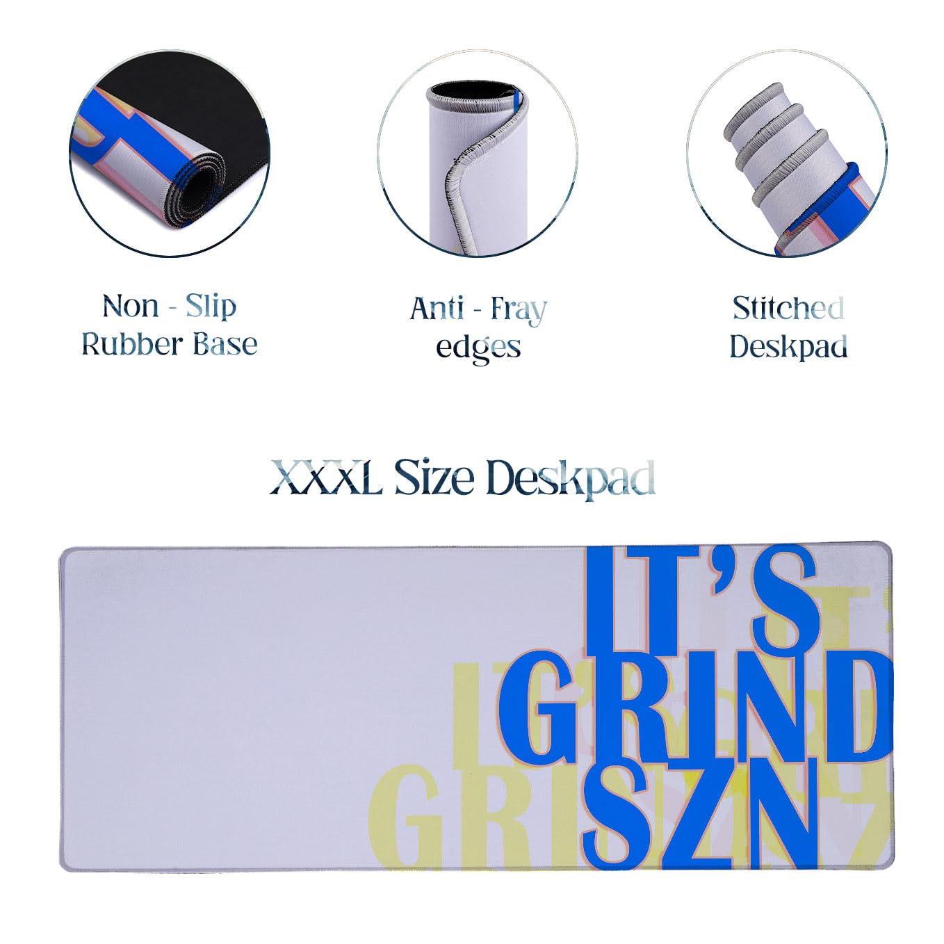 SoulAbiti Grind Season Gaming Mouse Pad, 36 x 16 Inch XXXL Extended Desk Mat for Keyboard & Mouse, White Blue Motivational Deskpad, Non-Slip Rubber Base, Stitched Edges 2