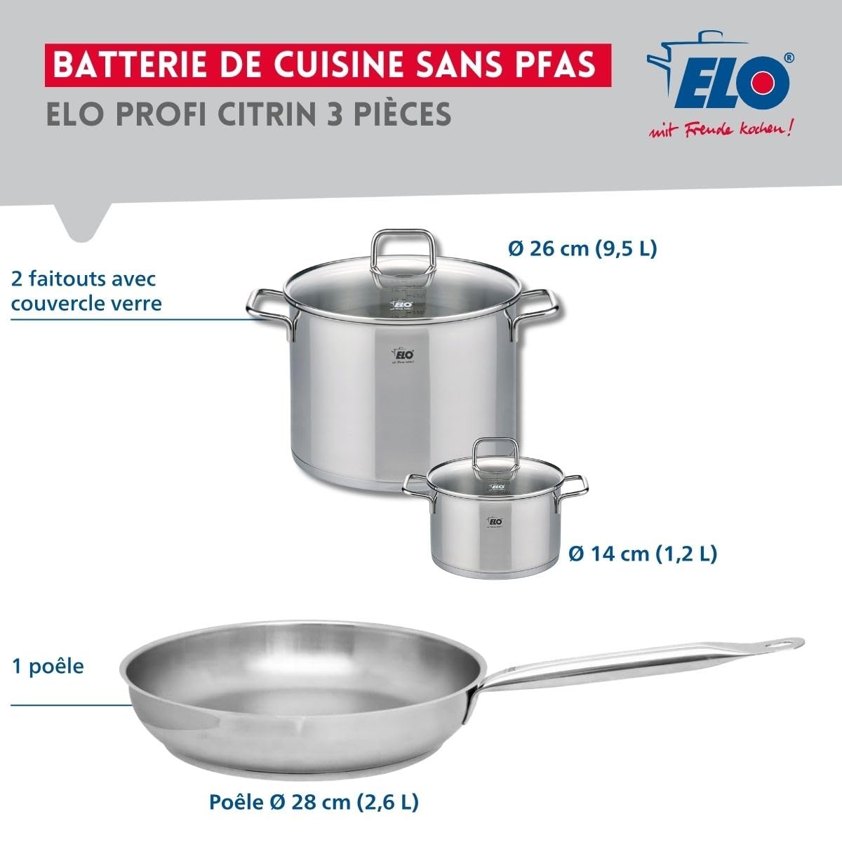 ELO 9696450 naczynia kuchenne 3 sztuki, zestaw 1 patelni 28 cm i 2 garbany 14 i 26 cm Elo Profi Citrin, stal nierdzewna, indukcja