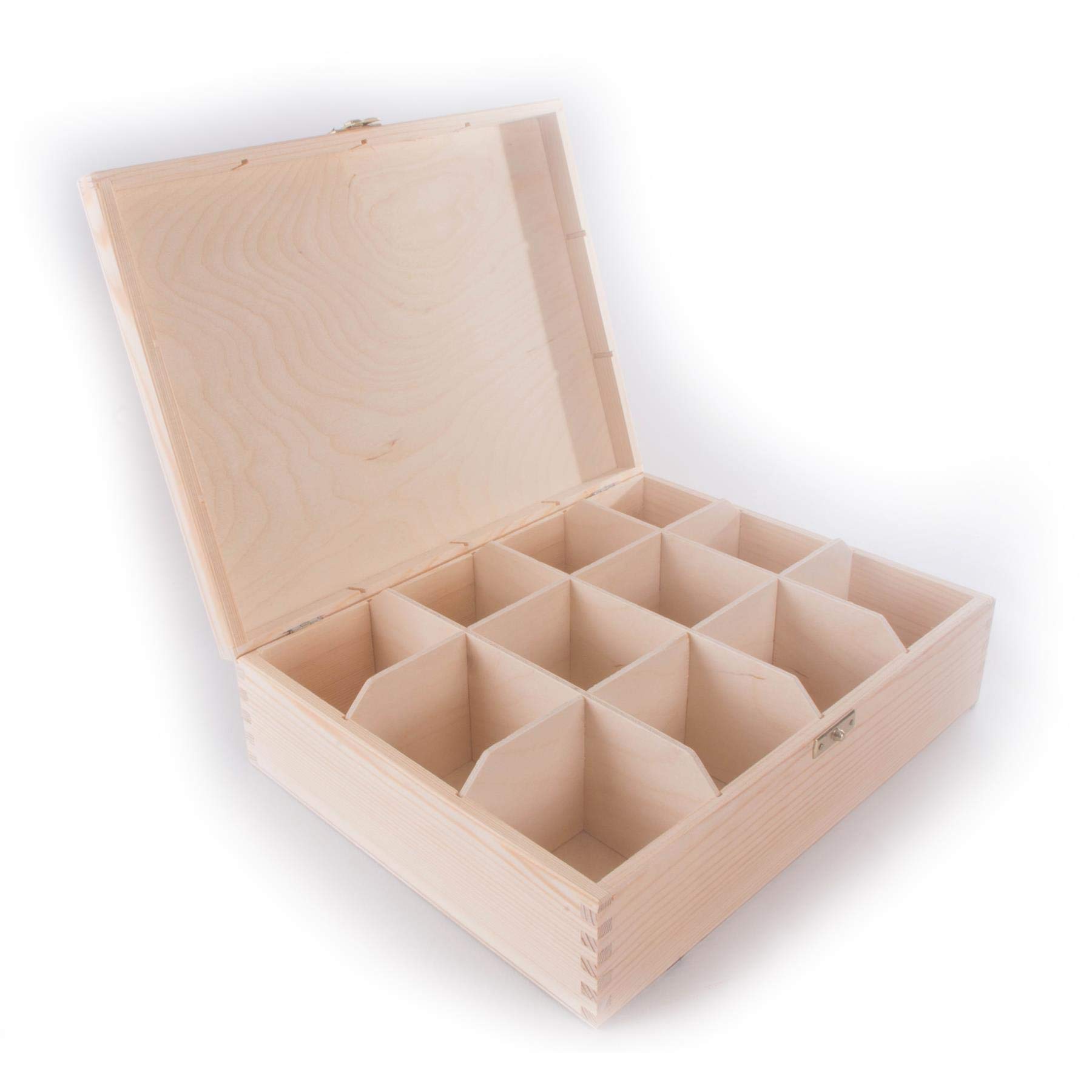 Woodeedoo Wooden Box With 12 Sections & Clasp | 28.5 X 22.5 X 8 Cm | Accessories Storage Case Tea Bag Sewing Jewellery Caddy Organiser Divided Compartments | Natural Unpainted & Untreated Decorative Wood