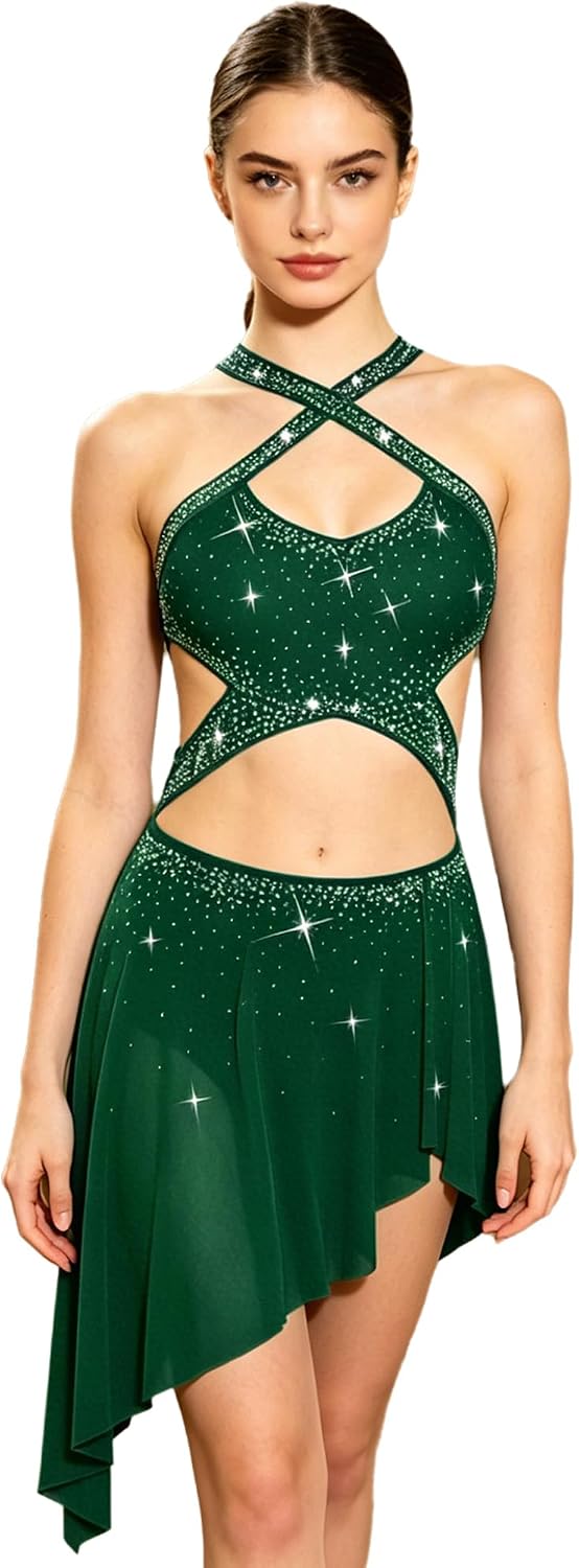 JEATHA Lyrical Dance Dress for Women Mesh Asymmetric Flowy Tulle Skirt Sleeveless Backless Ballroom Dancewear