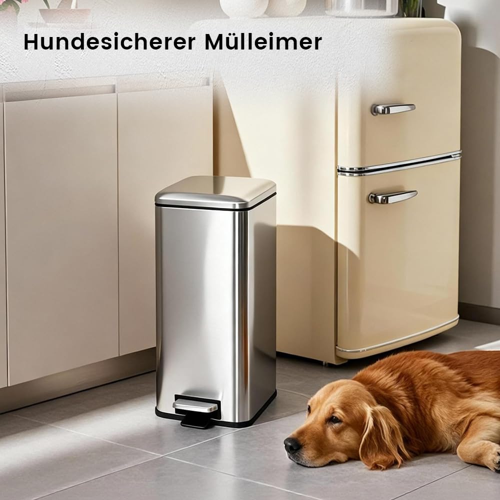 Mülleimer 30L, Abfalleimer mit Fußpedal, Inneneimer, Decke, Weiß | Mülleimer Küche, Quadrat, Stahl, Mülleimer Groß, Edelstah, Mit Metall-Pedal, Softclose Deckel, Für Küche, Büro, Wohnzimmer