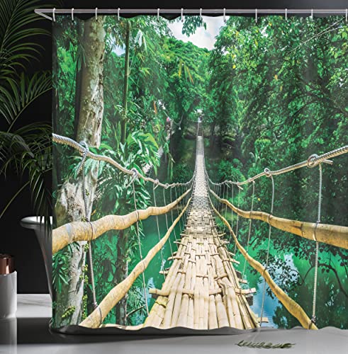 ABAKUHAUS Tropical Shower Curtain, Bamboo Pedestrian Suspension Bridge over River in Tropical Forest Philippines - Image 3