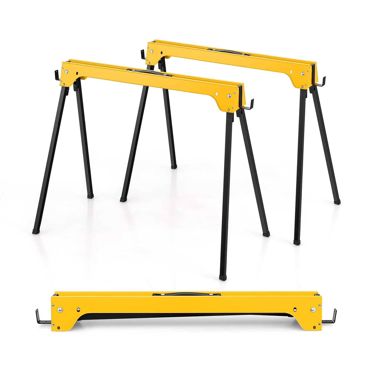 GYMAX Juego de 2 Caballete Plegable con Brazo de Soporte Extraíble y Marco de Metal, Caballete con Patas Antideslizantes y Asa, Banco de Trabajo Plegable para Aficionados y Profesionales (Amarillo)