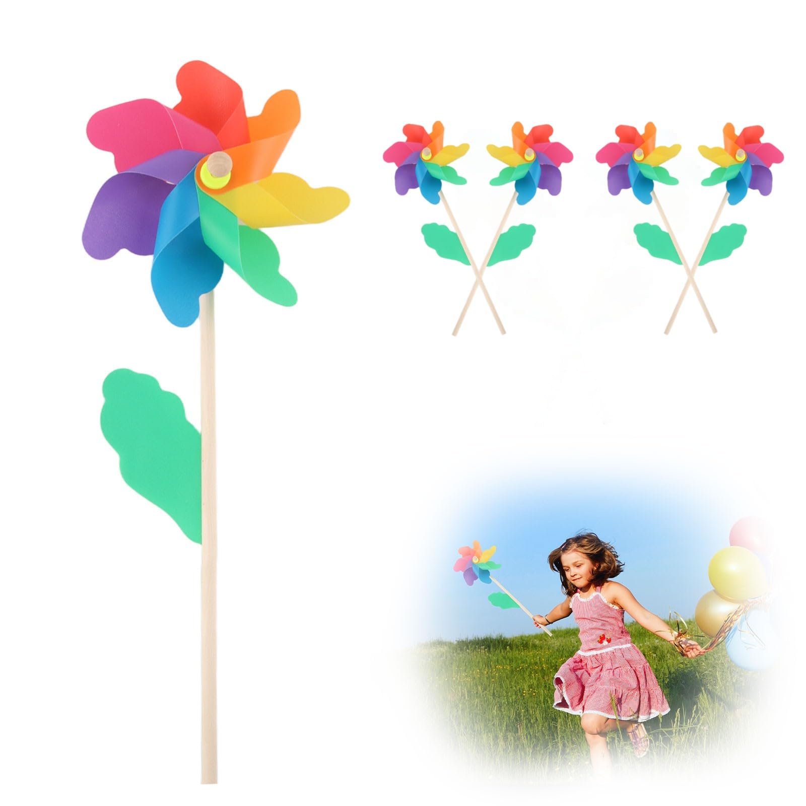 Lot De 4 Moulins à Vent Enfant Dwafill 40cm - Jardin, Plage, Parc - Couleurs Vives Et Rotation Fluide