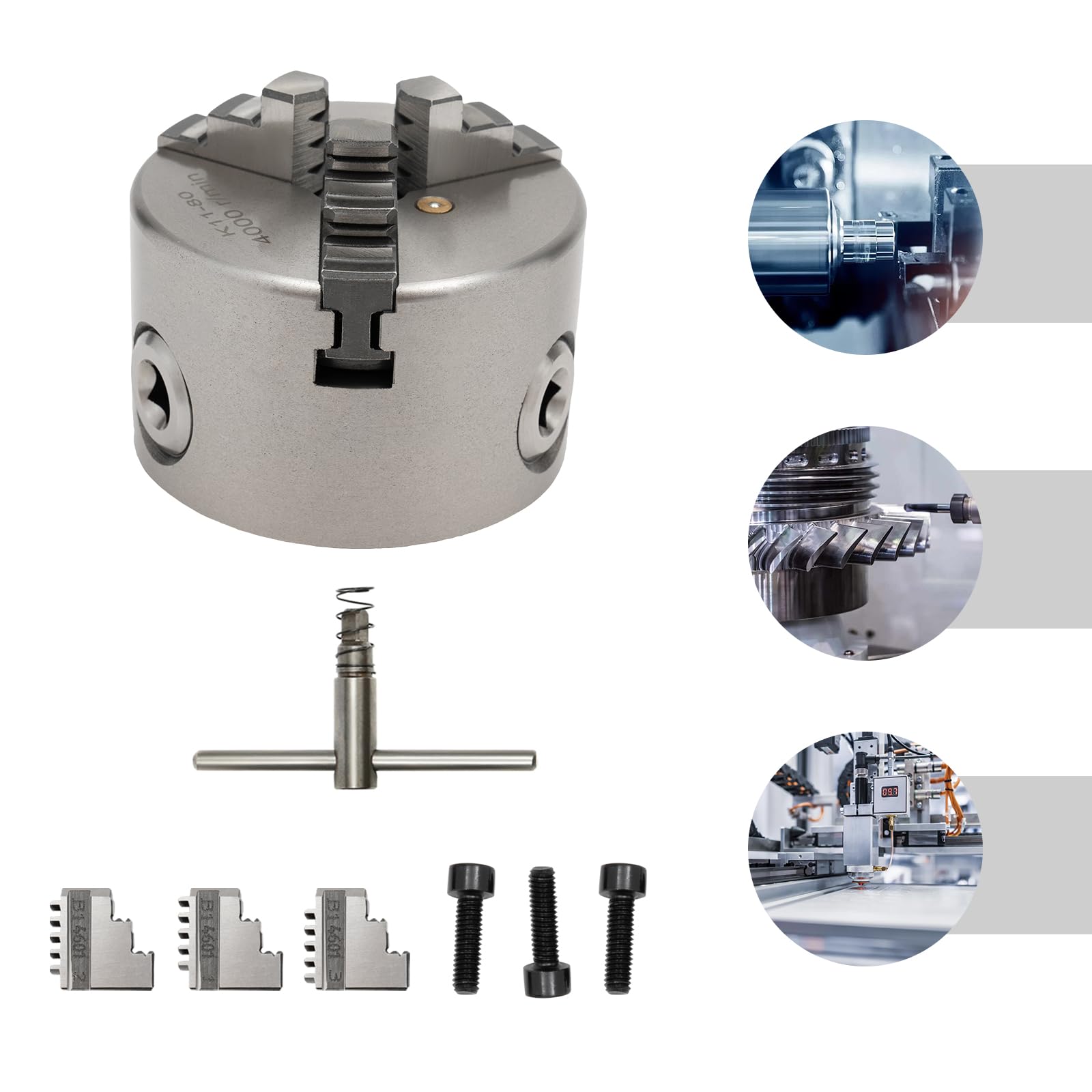 Mandril autocentrado de 3 mordazas, plateado, hierro + acero, rango de sujeción de 2 a 22 mm, rango de sujeción de 25-70 mm, con llave de mandril + mandíbulas, para tornos y CNC