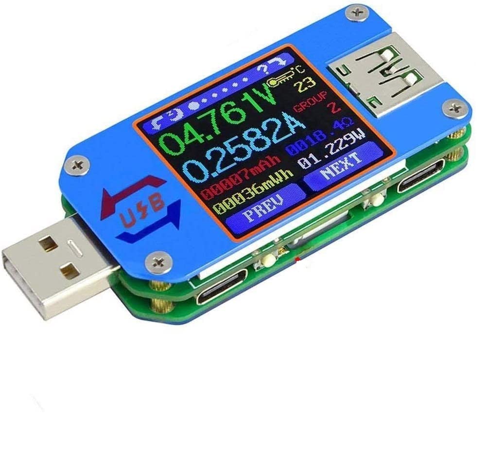 UM25C Voltímetro USB, Bluetooth Tipo C USB Tester Meter Medidor de voltaje USB y probador de corriente, 1.44 pulgadas 5A Color LCD Display Power Tester Multímetro, QC 2.0 3.0