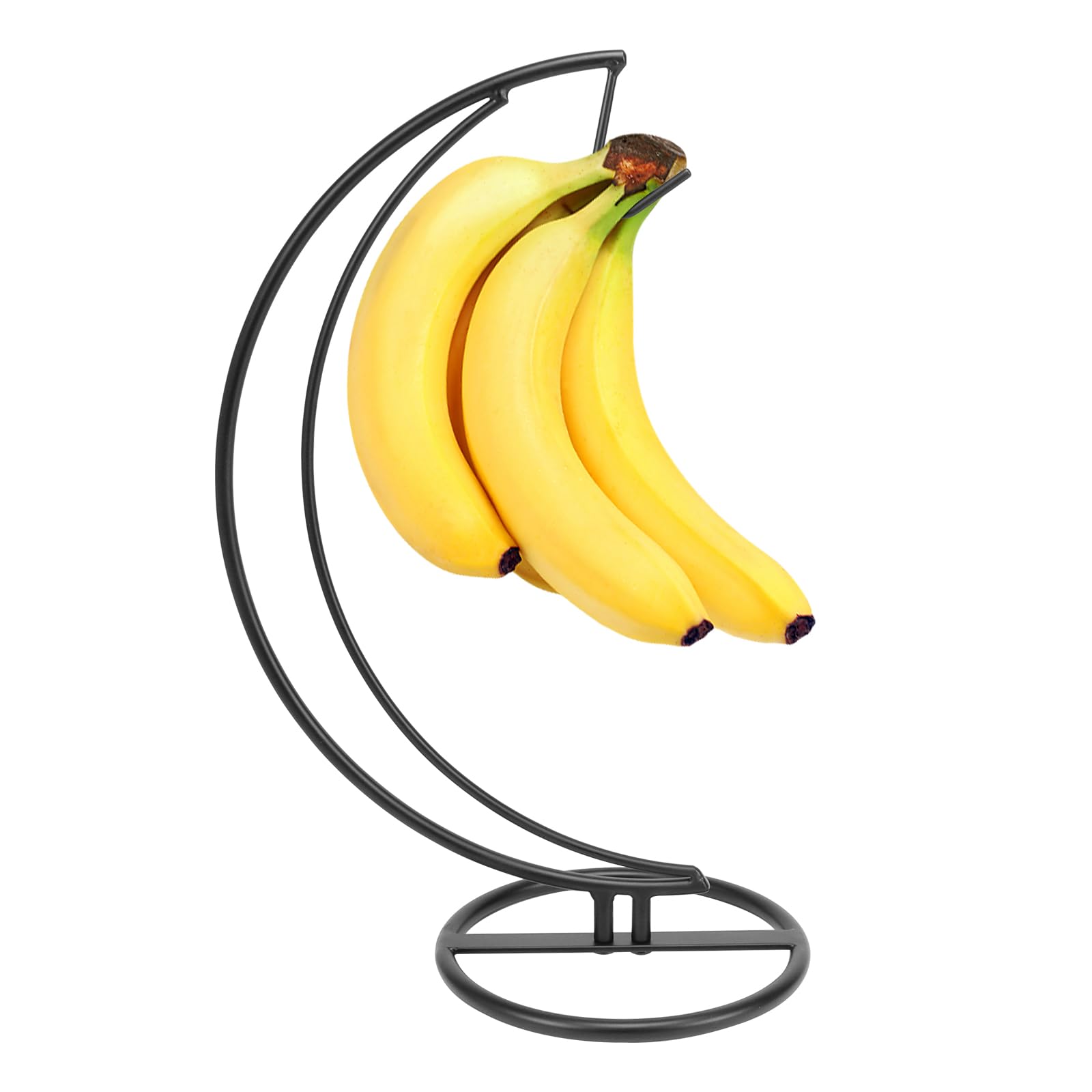 Banana Holder Stand, Stable Metal Freestanding Banana Hanger with Hook, Moon Shape Modern Fruit Storage Keeper for Kitchen Countertop (Metal Base,Black)