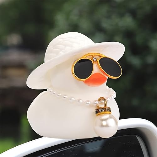 Miniatura 6 de wonuu Anilla de natación de patos blancos con cristales de diamante, patos de goma con mini sombrero, collar para decoración de salpicadero, adornos