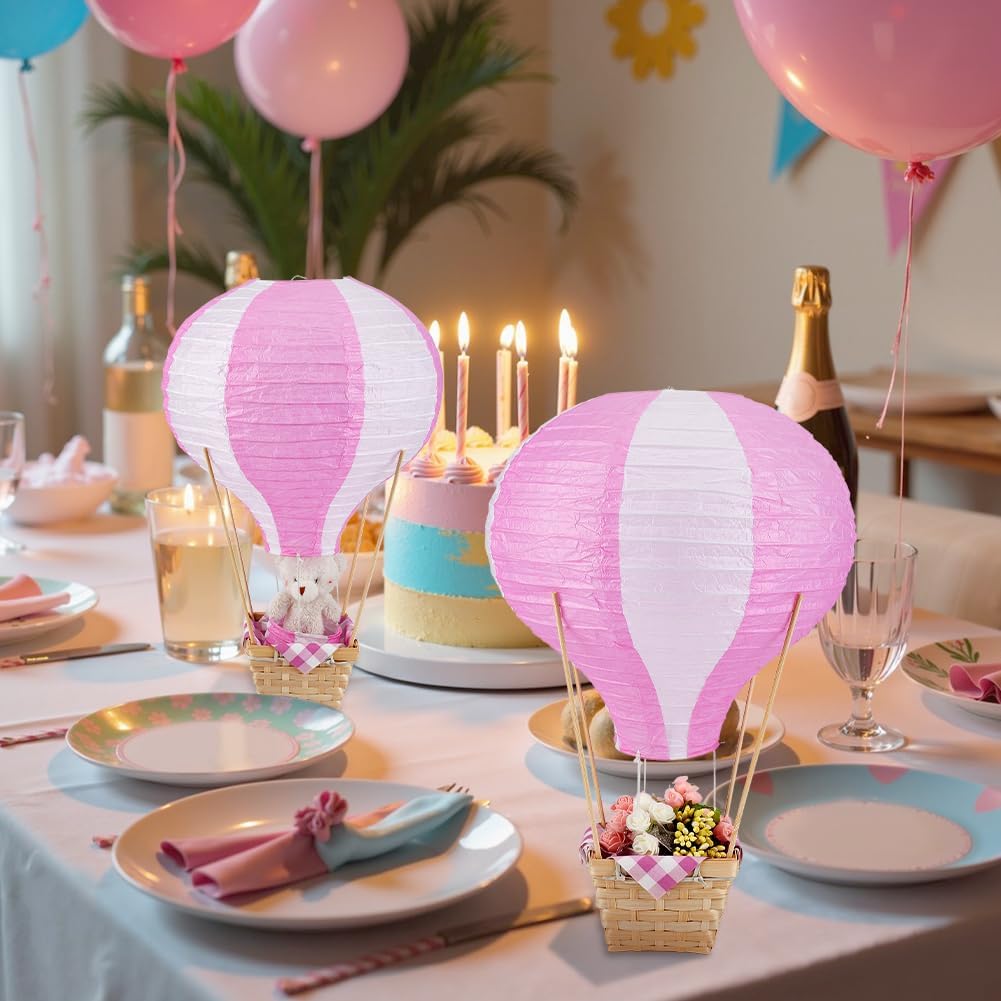 NBEADS 10 Set Hot Air Balloon Centerpiece, 11.8 Inch Paper Lantern Kit with Bamboo Basket Stem and Paper Tissue, DIY Table Decor for Newborn Shower Wedding Birthday Party Table Decoration, Deep Pink