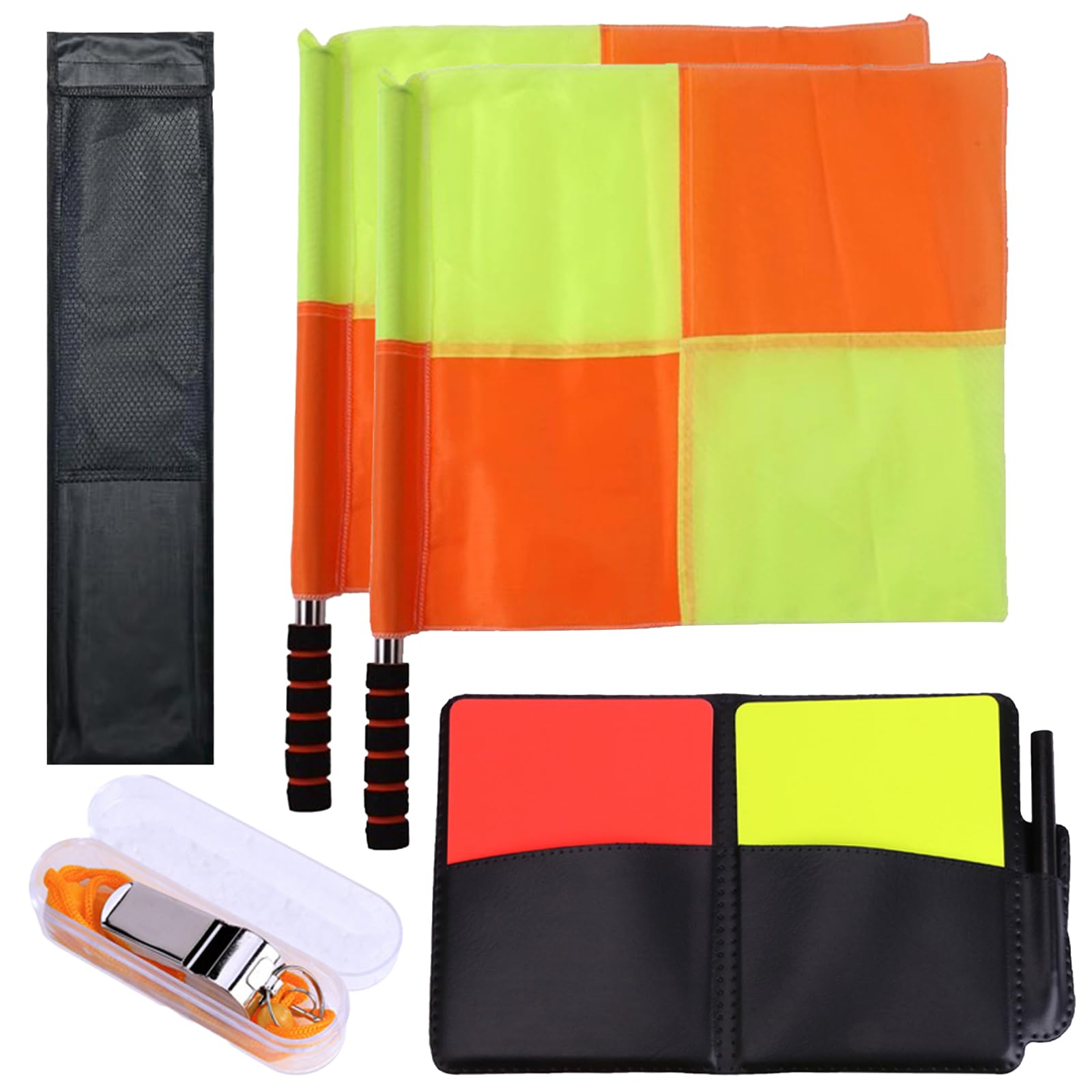 Soccer Referee Kit-2 Pcs Soccer Referee Flag, Red Yellow Cards with Notebook and Pencil, Coach Stainless Steel Whistles with Storage Bag