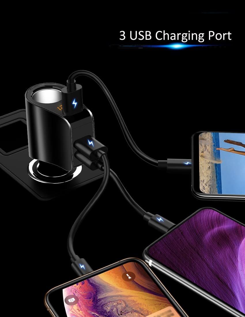 Adaptador de mechero de Coche con 3 USB y medidor de Voltaje, Compatible con iPhone 8/7/X/6S/XR, iPad, Samsung Galaxy S9/S8, iPad, GPS, teléfono Android