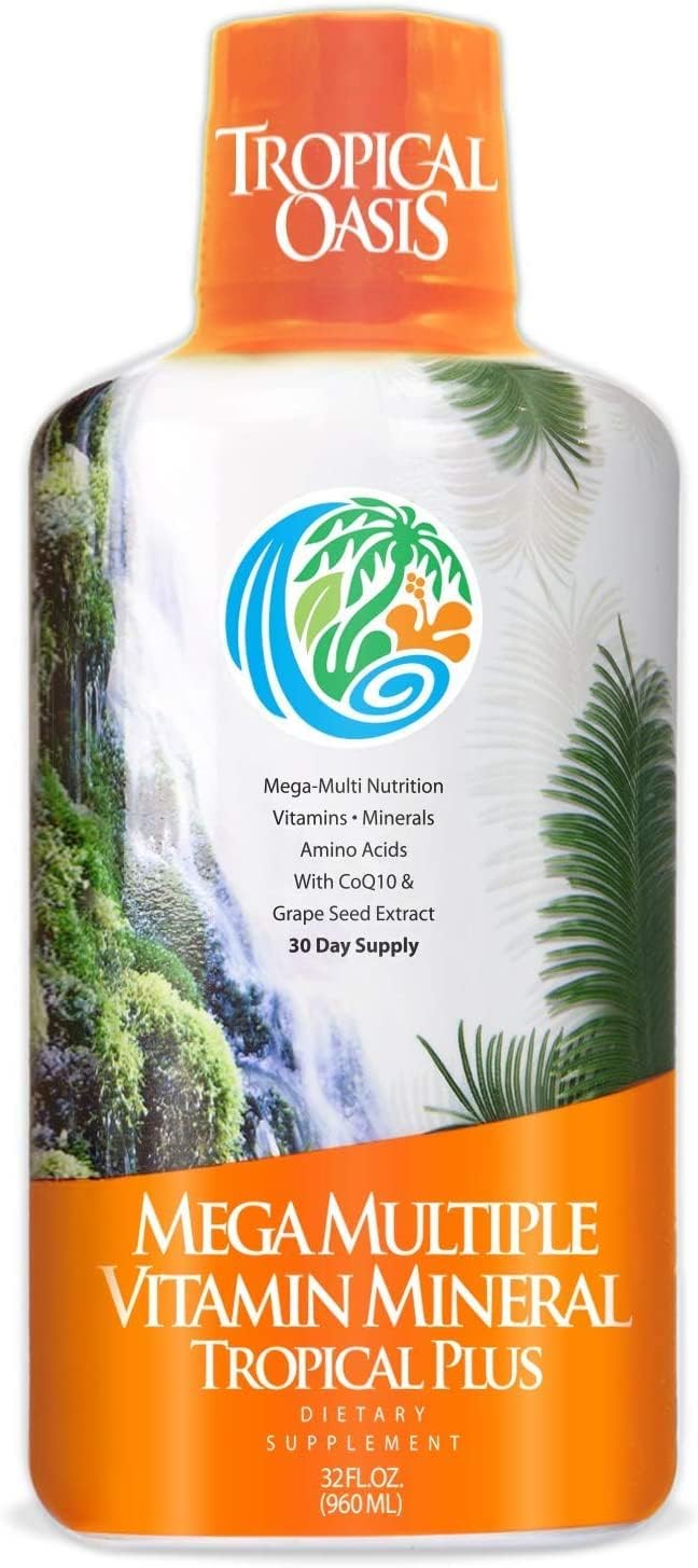 Tropical Oasis Mega Plus - Liquid Multivitamin and Mineral Supplement – Includes 85 Vitamins & Minerals, 20 Amino Acids + CoQ10, Grape Seed Extract & Organic Aloe Vera - 32oz, 32 Servings, 33460