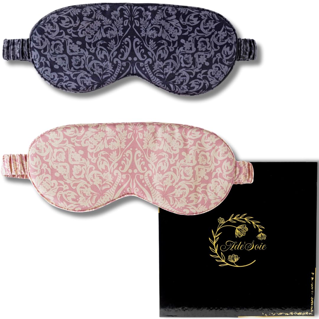 Confezione regalo 2 maschere per dormire pura seta di gelso 22 momme grado 6A maschera da notte seta biologica per donna e uomo con stampa vintage ipoallergenica, sonno riparatore adulto