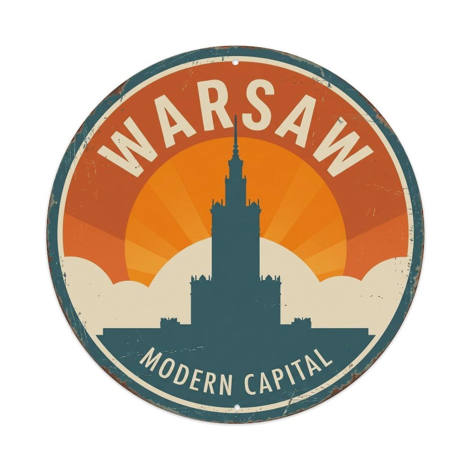 Vintage Travel Warsaw Skyline Poland Metal Tin Sign