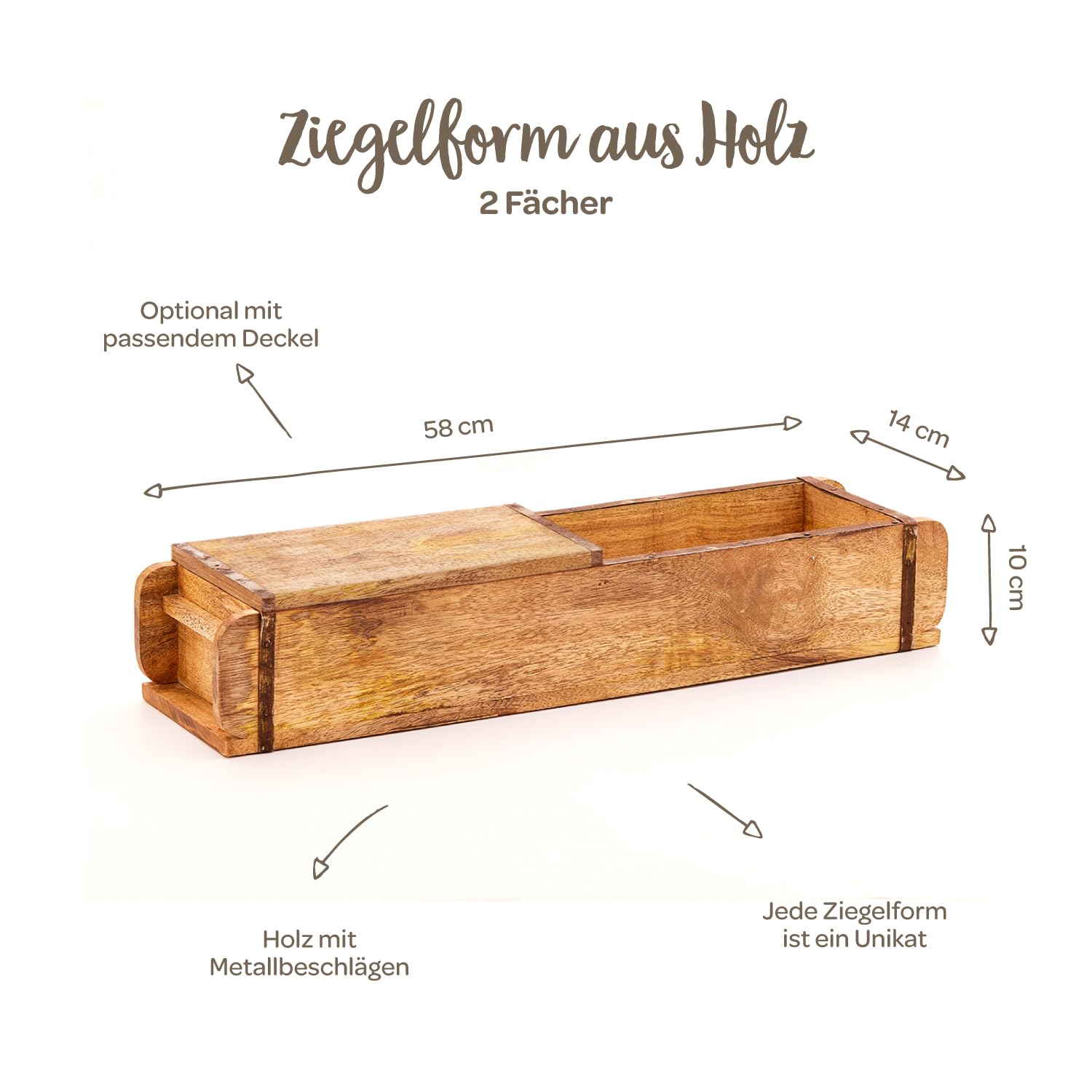 Die Stadtgärtner 2 x Vintage Ziegelformen aus recyceltem Holz mit zwei Kammern – 50 x 14 x 10 cm | Holzkisten mit zwei Kammern | Hochwertige Dekokisten mit Metallbeschlägen | Pflanzkiste | Holzbox