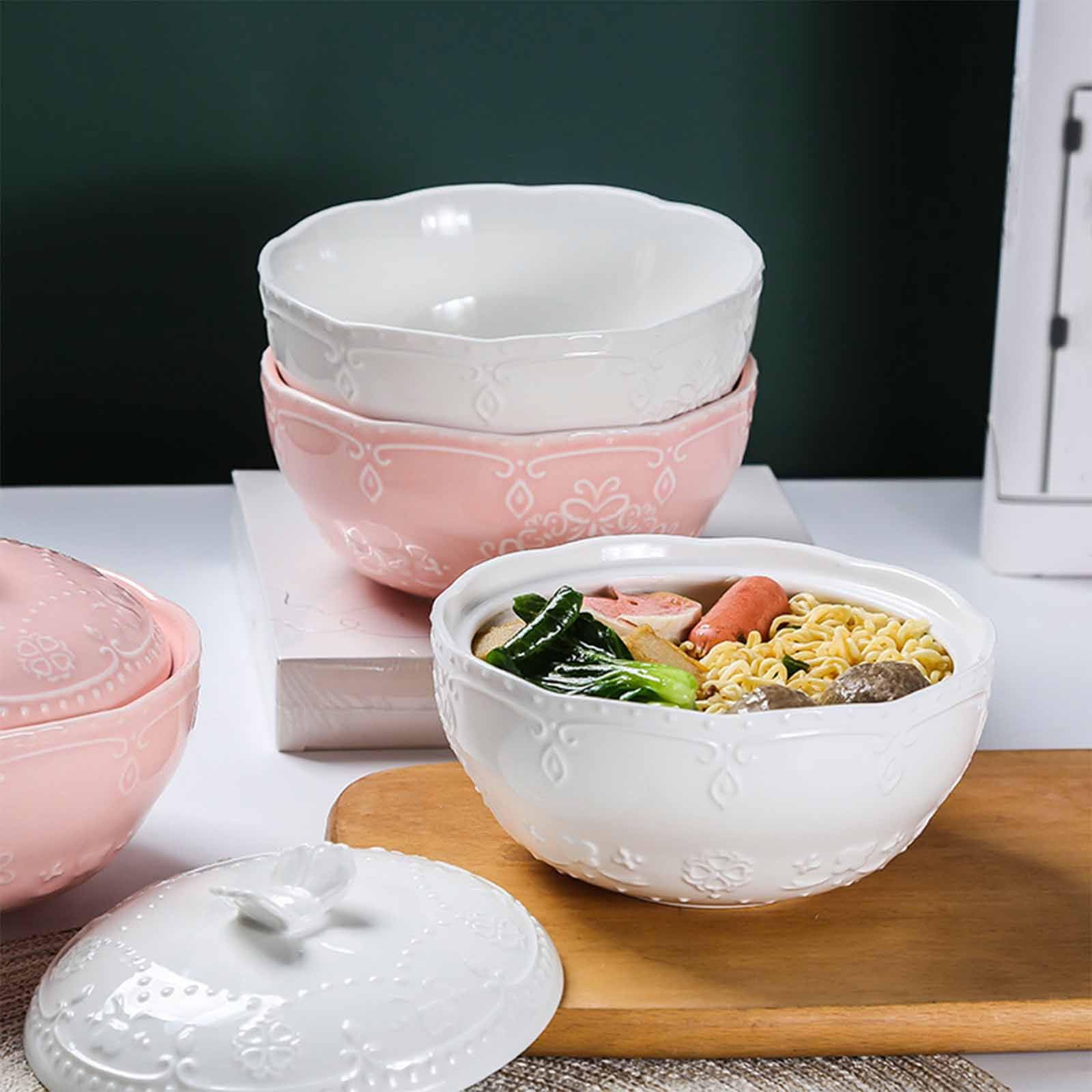 Ciotola da zuppa con coperchio, ciotola bassa, ciotola per noodle, ciotola per ramen in ceramica, ciotole Pho grandi (rosa, 680 g)