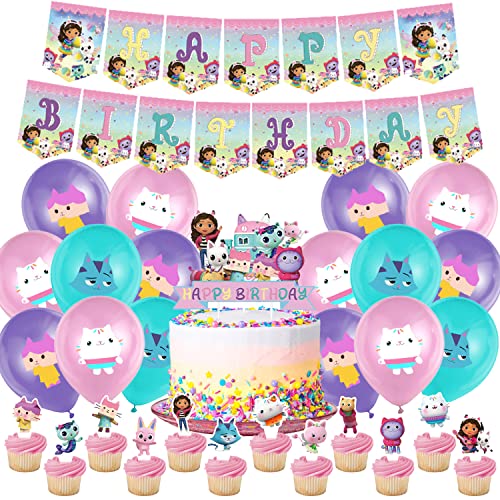 Gabbys Dollhouse Decoración Cumpleaños 29 Pcs,Decoración de Fiestas,Cumpleaños Globos,Fiesta Globos,Cake Topper,Globos de Látex,Decoración de Temáticas,para Cumpleaños Fiestas de Niños y Niñas Cover