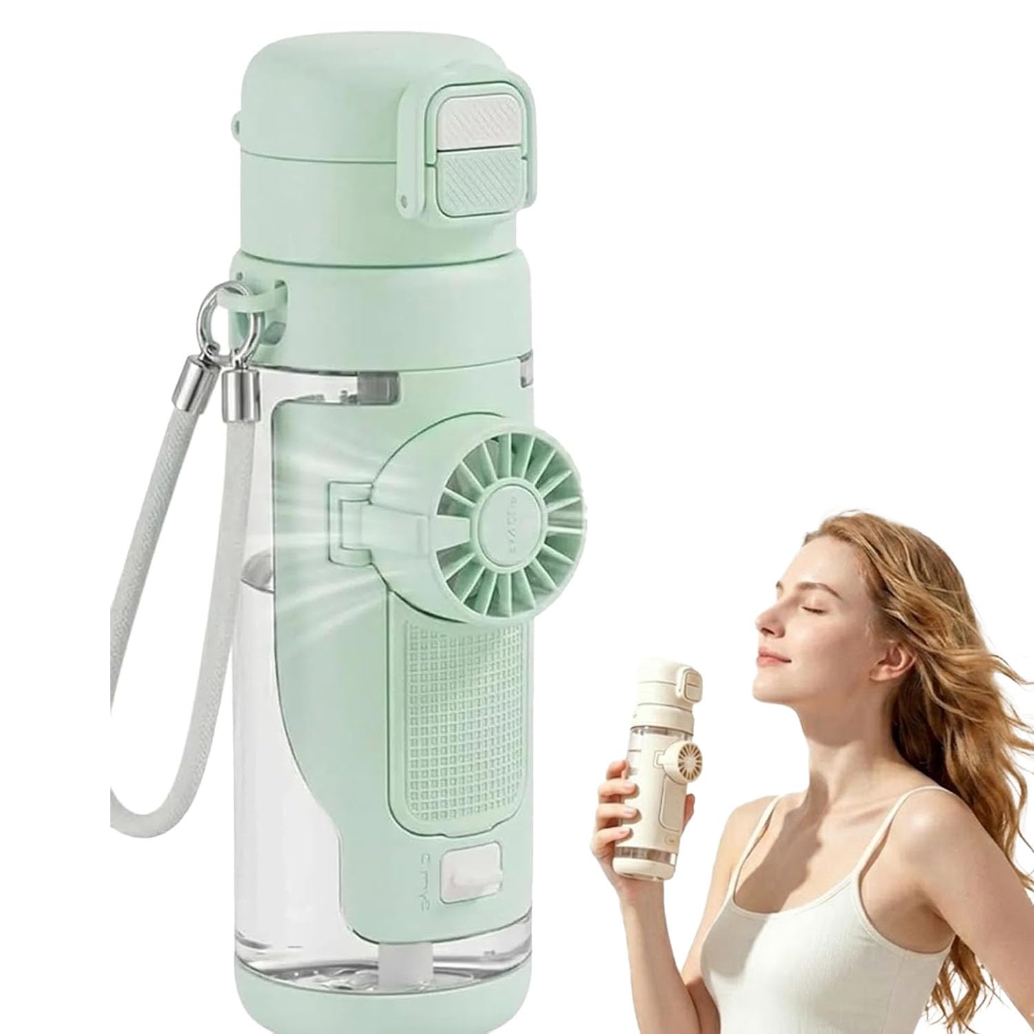 Botella de agua 2 en 1 con ventilador plegable integrado, botella de agua de refrigeración portátil de 690 ml con ventilador de 3 velocidades, popote a prueba de fugas y tapa de boquilla para viajes