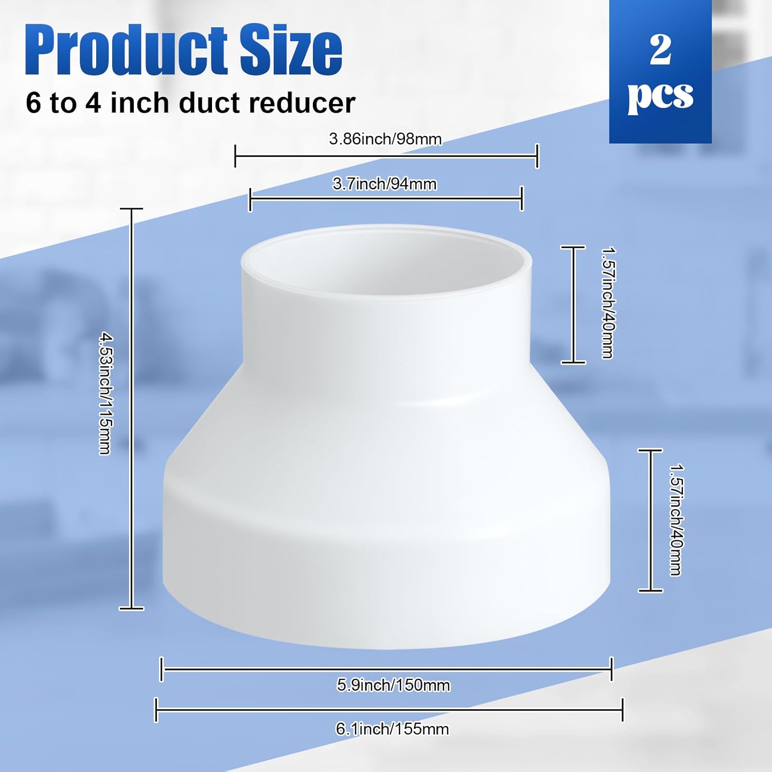 Therwen 2 Pcs 6 to 4 Inch Duct Reducer Increaser ABS Air Duct Adapter Fan or Dryer Vent Adapter HVAC Pipe Connector for Inline Ventilation System, 150 mm to 100 Mm (White)