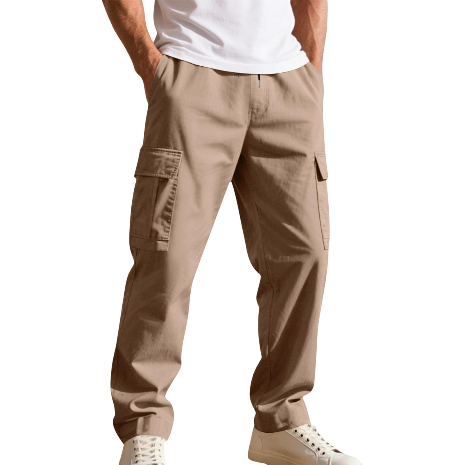 Men Cargo Pants Baggy Casual Straight Leg Work Pants Relaxed Fit Drawstring Elastic Waist Hiking Pant Multi-Pockets
