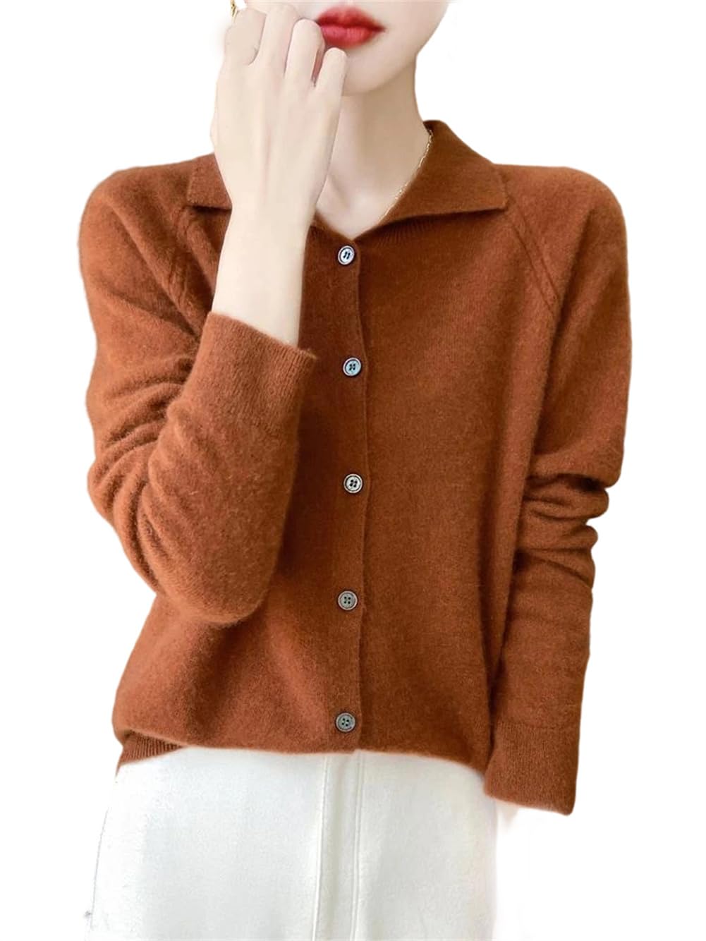 Women 100 Merino Wool Long Sleeve Cardigan Turn Down Collar Button Down Sweater Basic Jumper