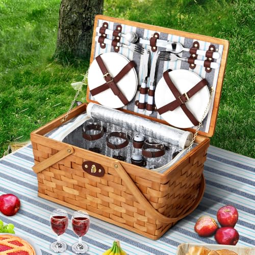 Alfresco 4 Person Picnic Basket Set Wooden Blanket Cooler Bag Outdoor Insulated