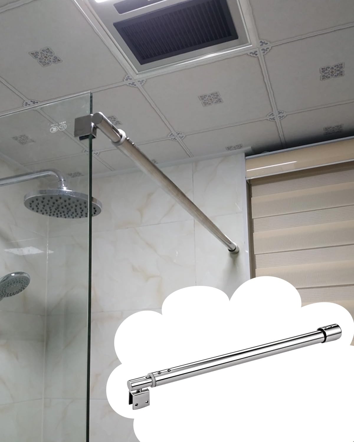 Elitix Style-A Adjustable Shower Glass Support Bar With Swivel Clamp, Bathroom Glasses Stabilizer Fits Thickness 8-12Mm Fiberglass, Ceramics Enclosure Clamp(,30-50Cm(11.8-19.7In))