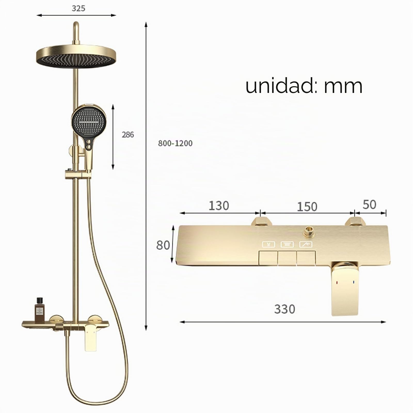 Oro Cepillado Columna Ducha con Grifo, Columna de Ducha for Bañera Monomando Sistema de Ducha lluvia Altura Ajustable Set de Ducha con 32.5cm Cabezal, 4 Modos Ducha Mano