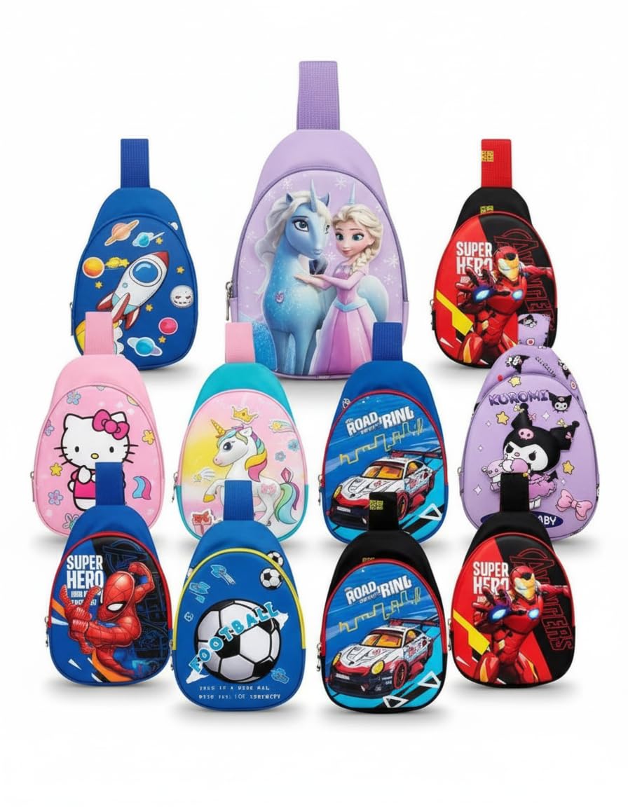 3D Design Kids Sling Chest Bag for Boys & Girls | Lightweight Nylon Backpack | Unicorn, Frozen, Marvel Superheroes, Kuromi (Single Strap Travel Bag Assorted One Random)-image-6