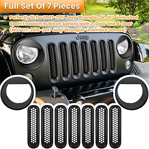 Image of Front Grille Mesh Inserts & Headlight Cover for Jeep Wrangler JK JKU Sport Freedom Rubicon Sahara Unlimited 2007-2018 Exterior Accessories Clip-in Grille Guard Headlight Bezels Trim (Matte Black)