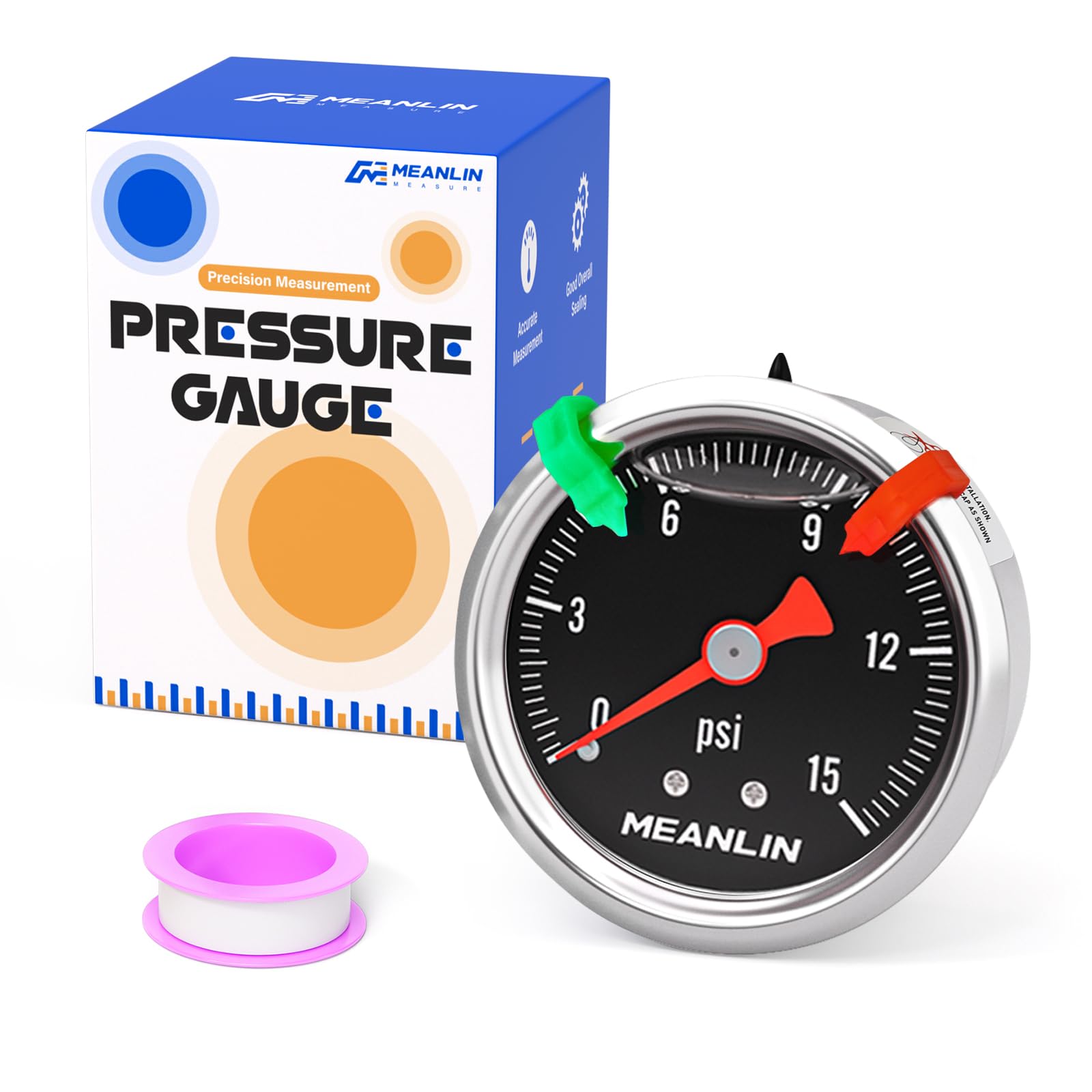 MEANLIN MEASURE 0~15Psi Black Stainless Steel Pressure Gauge, Glycerin Filled 1/8" NPT 1.5" FACE DIAL, Liquid Filled Pressure Gauge WOG Water Oil Air